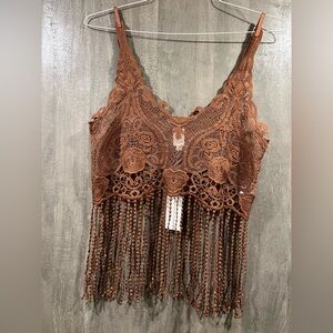 Brown Crochet Fringe Crop Top size small /xsmall